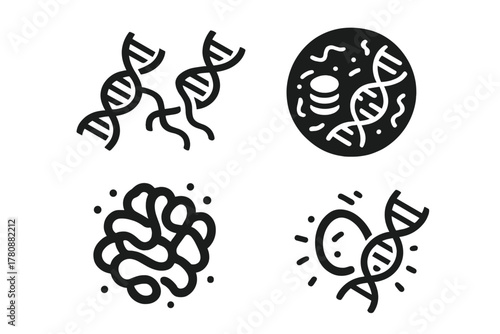 Chromatin Decay Icons. Solid style icons of chromatin decay and distortion: unraveling DNA icon, histone disruption symbol,