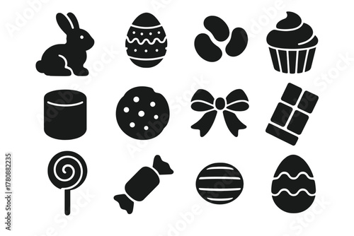 Holiday Treat Icons. Solid style icons of Holiday treats: chocolate bunny, candy egg, jelly beans, cupcake, marshmallow, cookie,