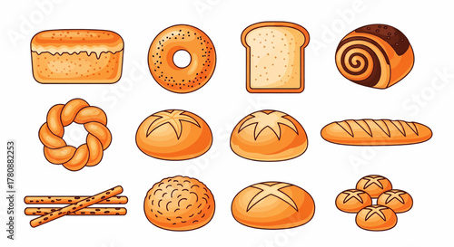 A diverse collection of cartoon bakery bread and pastry products, a set of delicious baked goods vector illustration