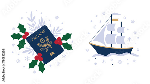 Passport to Adventure: A passport framed with festive holly and berries, sets the stage for international travel, next to the sailboat cruising on the sea.