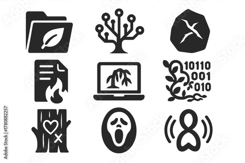 Eco-Trauma Memory Icons. Solid style icons of eco-trauma memory: archive leaves, data trees, scarred stones. Digital grief logs,