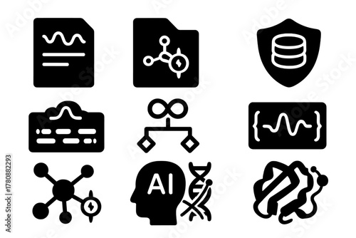 Quantum Bioinformatics Icons. Solid style icons of quantum bioinformatics: data sheet with wave symbols, molecular file with spin