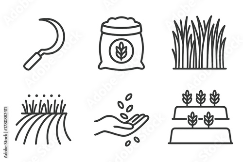 Farming Icons Collection. Line style icons of farming and harvesting: traditional sickle tool, grain sack, field of tall grass,