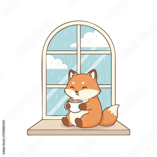 Fox sitting by rainy window sipping latte