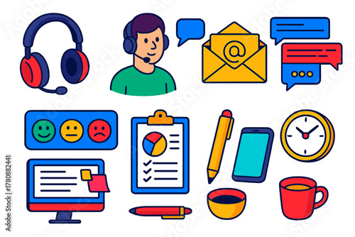 Bright Customer Support Icons. Isometric vector illustration set headset, support agent, email, messaging, feedback, inquiry: over