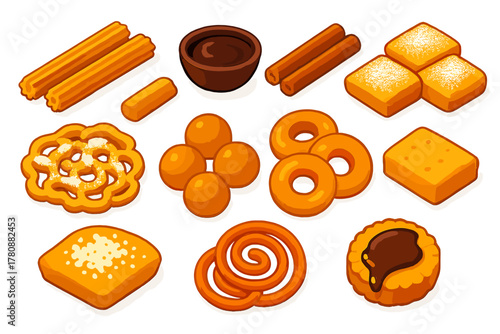 Sweet Treats Collection. Isometric vector illustration set sweet treats collection: churros, chocolate dipping sauce, cinnamon