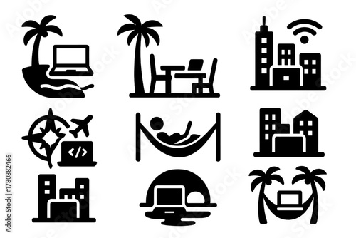 Remote Work Icons. Solid style icons of working abroad lifestyle: beach with laptop icon, remote desk under palm, cityscape with