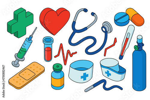 Healthcare Essentials Icons. Isometric vector illustration set Medical and Healthcare Essentials: health cross, heart, stethoscope