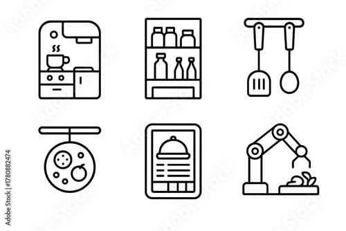 Futuristic Space Kitchen Icons. Line style icons of space kitchen concept: modular kitchen pod, compact storage shelves,