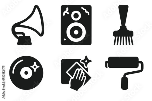Antique Audio Restoration. Line style icons of Antique Restoration: gramophone horn, aged speaker, dust removal brush, polished