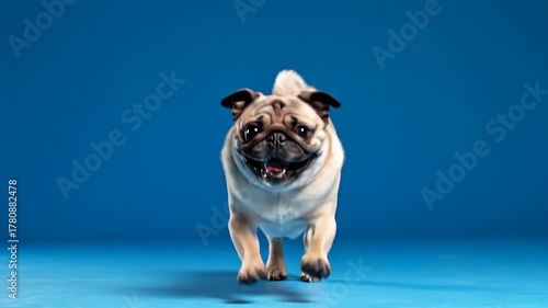 Playful pug posing on vibrant blue backdrop
