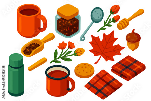 Autumn Tea Essentials. Isometric vector illustration set autumn drinks and tea: rooibos tea mug, loose tea jar, wooden scoop, tea