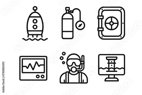 Underwater Safety Icons. Line style icons of underwater hotel safety: emergency ascent capsule, oxygen backup system, watertight