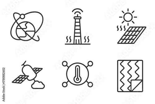 Climate Control Icons. Line style icons of climate control devices: orbital sun reflector, heat distribution tower, solar absorber