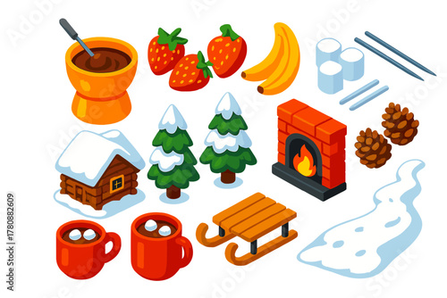 Winter Fondue Delight. Isometric vector illustration set featuring food and nature: chocolate fondue, strawberries, bananas,