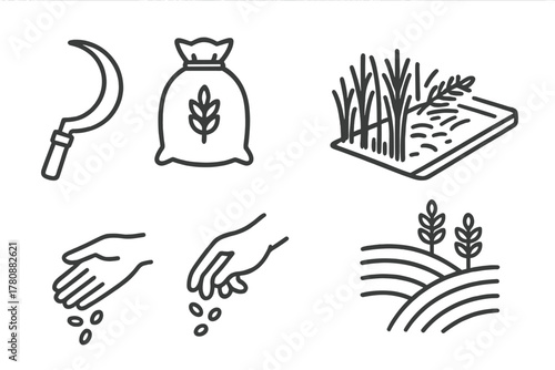Farming Icons Collection. Line style icons of farming and harvesting: traditional sickle tool, grain sack, field of tall grass,
