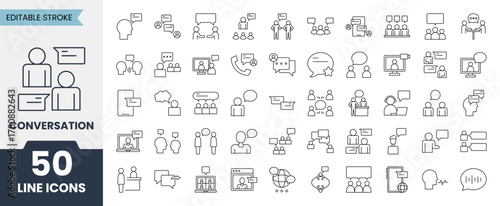 Conversation line icons set with editable stroke. Containing chat, interview, discussion, talking, speaking, speech bubble, message and more. Vector illustration