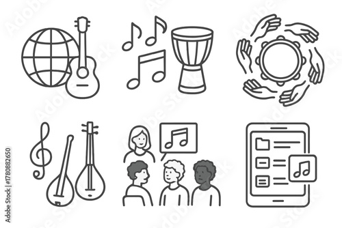 Cultural Music Icons. Line style icons of cultural sensitivity in music therapy: global instrument icon, cultural music notes,