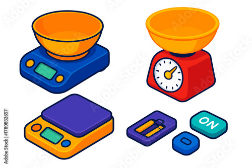 Colorful Baking Tools. Isometric vector illustration set Baking tools – digital scale, kitchen scale, portion scale; weigh bowl,