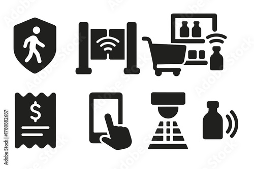 Checkout-Free Store Icons. Solid style icons of checkout-free stores: walkout payment badge, auto-sensor gate, grab-and-go cart