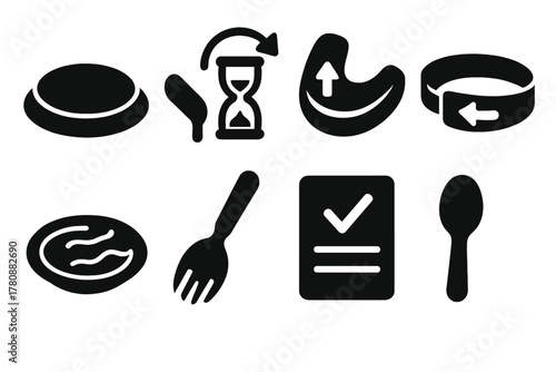 Challenge Gear Icons. Solid style icons of challenge gear and props: inverted tray, backward timer, mouth guard with arrow. Trick