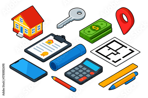 Real Estate Essentials. Isometric vector illustration set house, key, location, contract, dollar, floor plan design: suburban