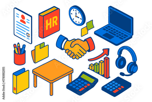 HR Essentials Icons. Isometric vector illustration set business and HR essentials: job application form, HR handbook, laptop, pen