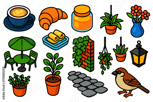 Cafe Garden Icons. Isometric vector illustration set featuring food and nature: cappuccino cup, croissant, honey jar, butter curls