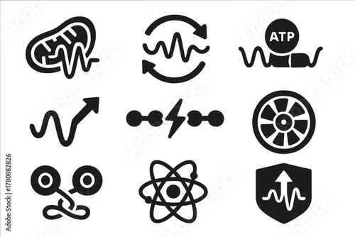 Quantum Energy Cycle Icons. Solid style icons of quantum respiration: mitochondrion with wave signal, energy cycle with tunneling