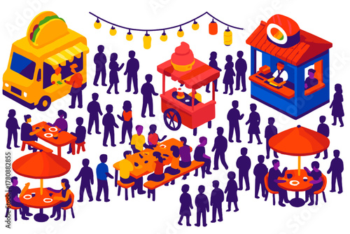 Vibrant Urban Market. Isometric vector illustration set Urban nightlife – open-air food court, communal tables, umbrella tables;