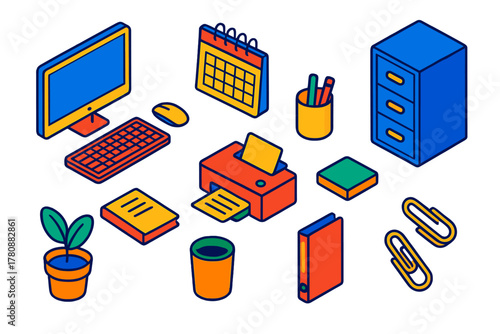Office Essentials Icons. Isometric vector illustration set Minimalist Office Essentials: desktop computer, mouse, keyboard,