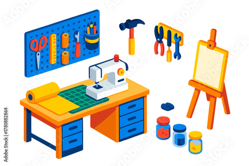 Craft Studio Layout. Isometric vector illustration set Interior layout – craft studio workbench, pegboard wall, tool rack; sewing