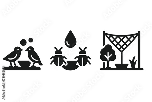 Wildlife Eco Icons. Solid style icons of wildlife and natural use: birds near water nets, insects drinking from dew trap, fog net