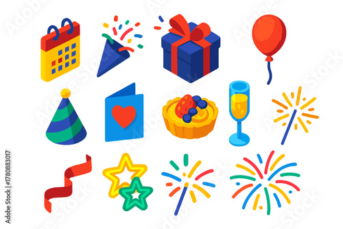 Vibrant Celebration Icons. Isometric vector illustration set Celebration and Events: calendar, gift box, confetti, balloon, party