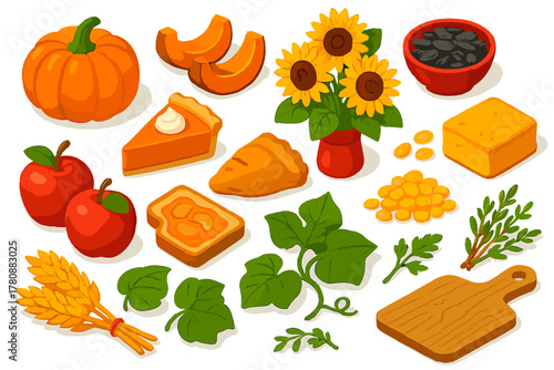 Harvest Feast Icons. Isometric vector illustration set pumpkin, sunflower, apples, and more: roasted pumpkin wedges, pumpkin pie