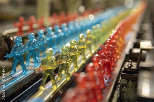 Colorful toy soldiers lined up in a factory
