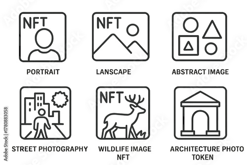NFT Photo Icons. Line style icons of photo categories in NFTs: portrait NFT, landscape photo token, abstract image asset, street