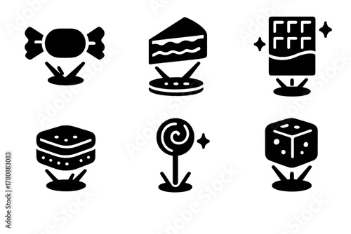 Edible Hologram Icons. Solid style icons of edible holograms: holographic candy, projected dessert slice, glowing chocolate bar.
