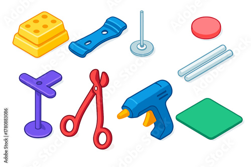 Candle Making Tools. Isometric vector illustration set Candle making – soy wick bars, metal wick holder, wick tab; wick glue dot,
