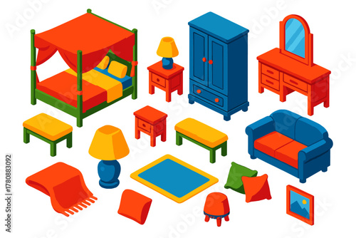 Vibrant Bedroom Essentials. Isometric vector illustration set bedroom elements collection: four-poster bed, fabric canopy,