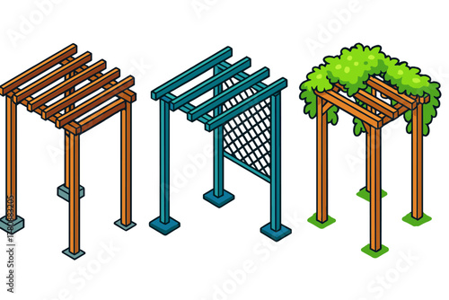 Vibrant Pergola Designs. Isometric vector illustration set Pergolas – timber pergola, metal trellis, vine shade; beam rafters,