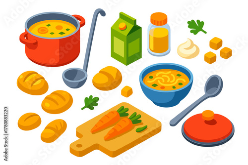 Cooking Ingredients Icons. Isometric vector illustration set cooking themes: soup pot, ladle, vegetable broth carton, chicken