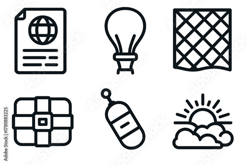 High-Altitude Balloon Icons. Line style icons of High-Altitude Ballooning: high-altitude flight log, balloon nozzle, thermal