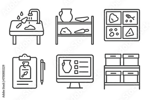 Archaeology Icon Set. Line style icons of lab and post-excavation work: cleaning station icon, drying rack for finds, material