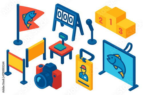 Fishing Tournament Setup. Isometric vector illustration set Fishing equipment – tournament flag, scoring board, podium; sponsor