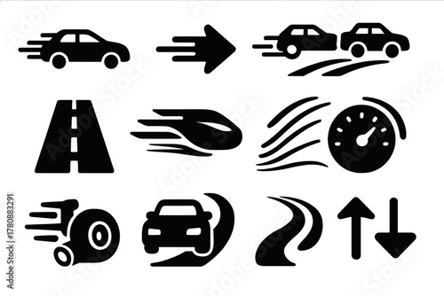 Speed Icons Collection. Solid style icons of Speed and transport themes: fast ride, acceleration, overtaking, highway cruising,