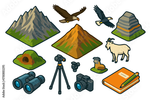 Mountain Wilderness Icons. Isometric vector illustration set Mountain landscapes – jagged ridge, scree slope, shale strata; eagles