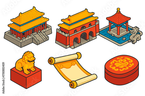 Historical Monument Icons. Isometric vector illustration set Historical monuments – Forbidden City gate, Meridian Gate arch,