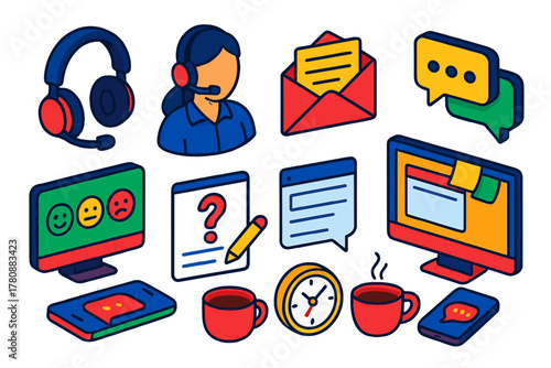 Bright Customer Support Icons. Isometric vector illustration set headset, support agent, email, messaging, feedback, inquiry: over