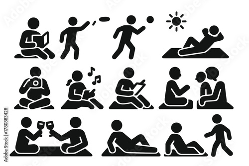 Picnic Activity Icons. Solid style icons of Picnic activities: reading book, playing frisbee, throwing ball, sunbathing, taking